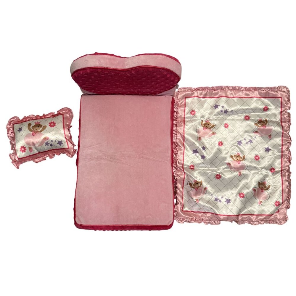 Build-A-Bear pink heart foldout bed and reversible bedding set.